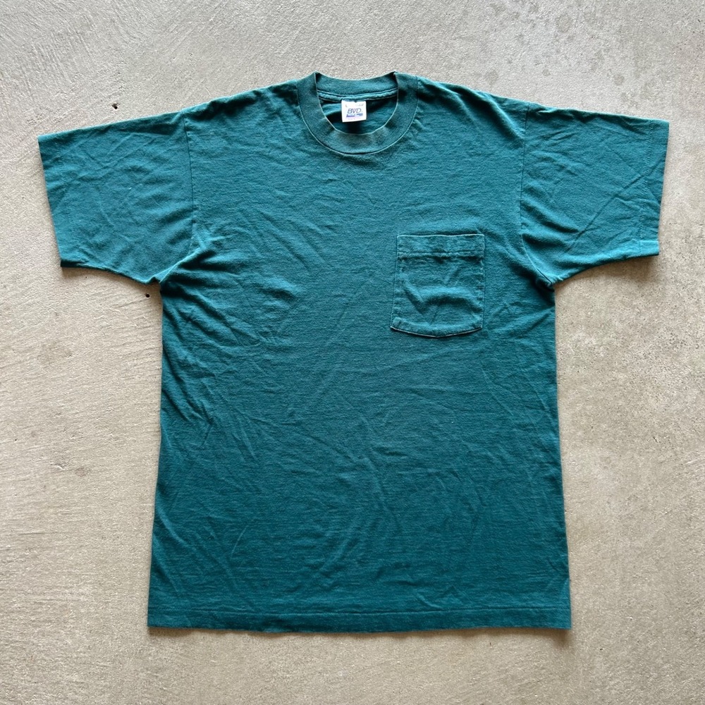 Vintage 90s BVD Blank Pocket Shirt Size Large Forrest Green USA Made Essential